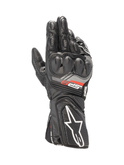 Alpinestars SP-8 V3 black motorcycle racing gloves featuring SP dual density knuckle protection and goat leather construction.