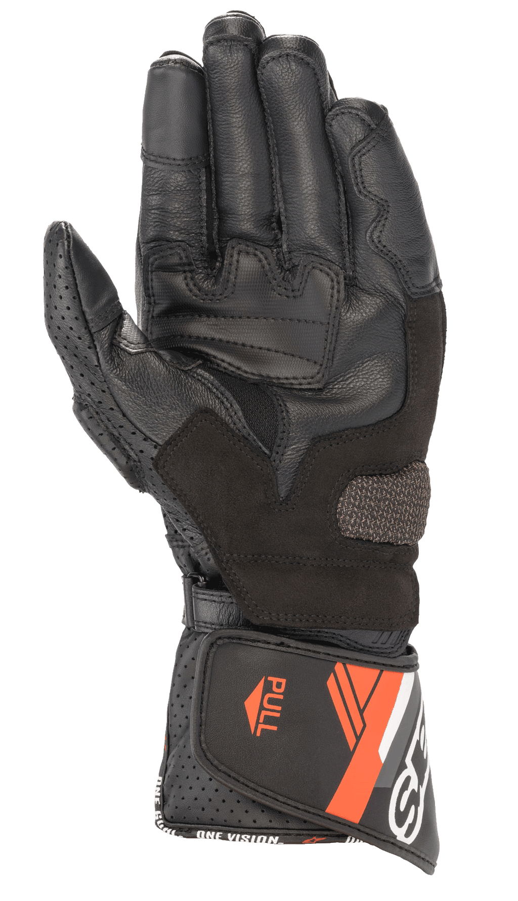 Alpinestars SP-8 V3 Leather Glove, skórzane rękawice motocyklowe, czarno-czerwone fluo, widok od wewnętrznej strony dłoni ukazujący wzmocnione panele chwytne, perforowany skórzany kciuk oraz regulowany mankiet z pomarańczowymi akcentami i hasłem „ONE GOAL ONE VISION”