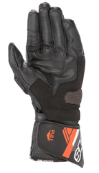 Alpinestars SP-8 V3 Leather Glove, skórzane rękawice motocyklowe, czarno-czerwone fluo, widok od wewnętrznej strony dłoni ukazujący wzmocnione panele chwytne, perforowany skórzany kciuk oraz regulowany mankiet z pomarańczowymi akcentami i hasłem „ONE GOAL ONE VISION”