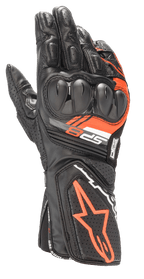 Rękawice Alpinestars SP-8 V3, skórzane motocyklowe rękawice wyścigowe, czarno-czerwone fluo, wzmocniona ochrona kostek o podwójnej gęstości, perforowane panele skórzane, branding SP-8, sportowy design