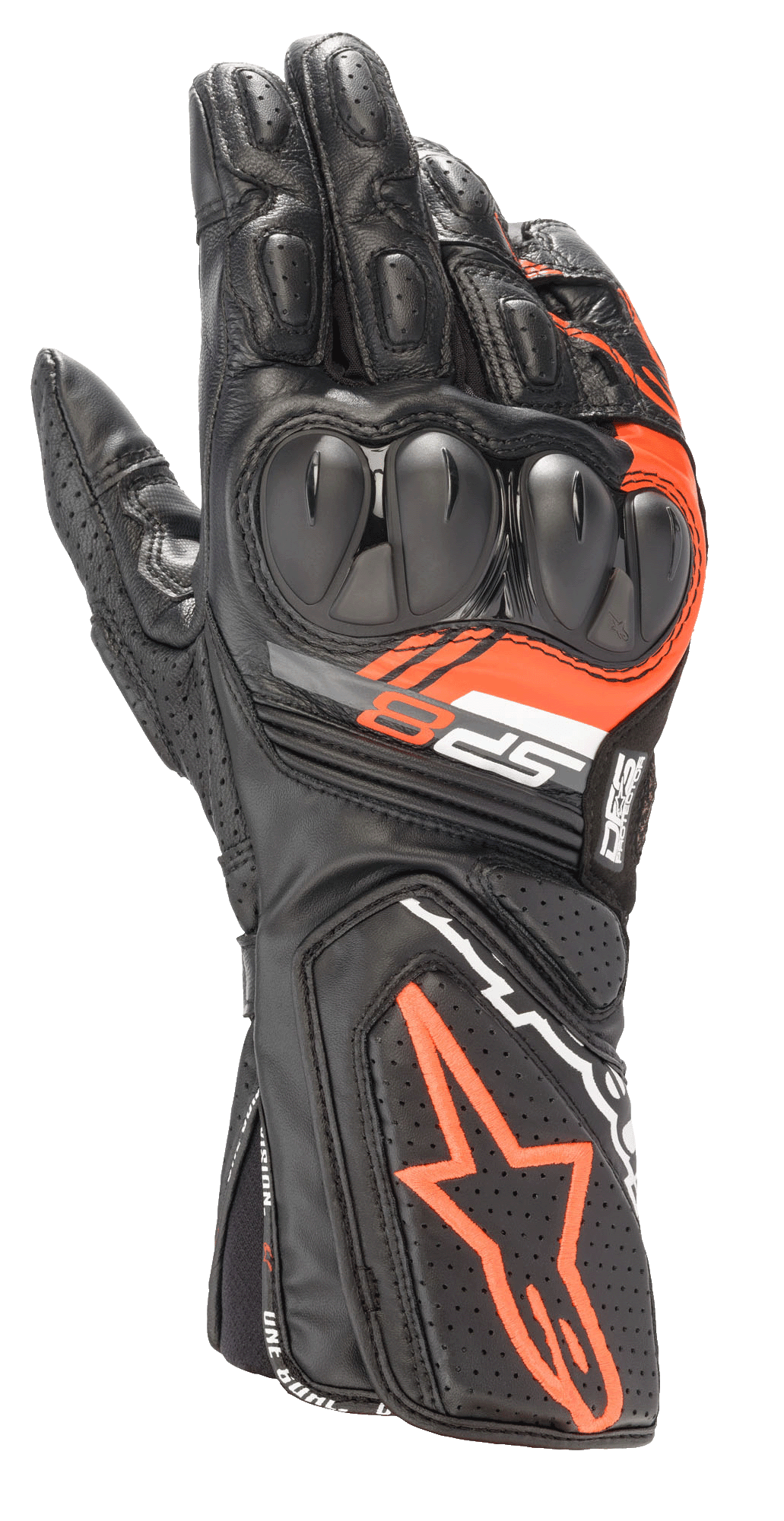 Rękawice Alpinestars SP-8 V3, skórzane motocyklowe rękawice wyścigowe, czarno-czerwone fluo, wzmocniona ochrona kostek o podwójnej gęstości, perforowane panele skórzane, branding SP-8, sportowy design