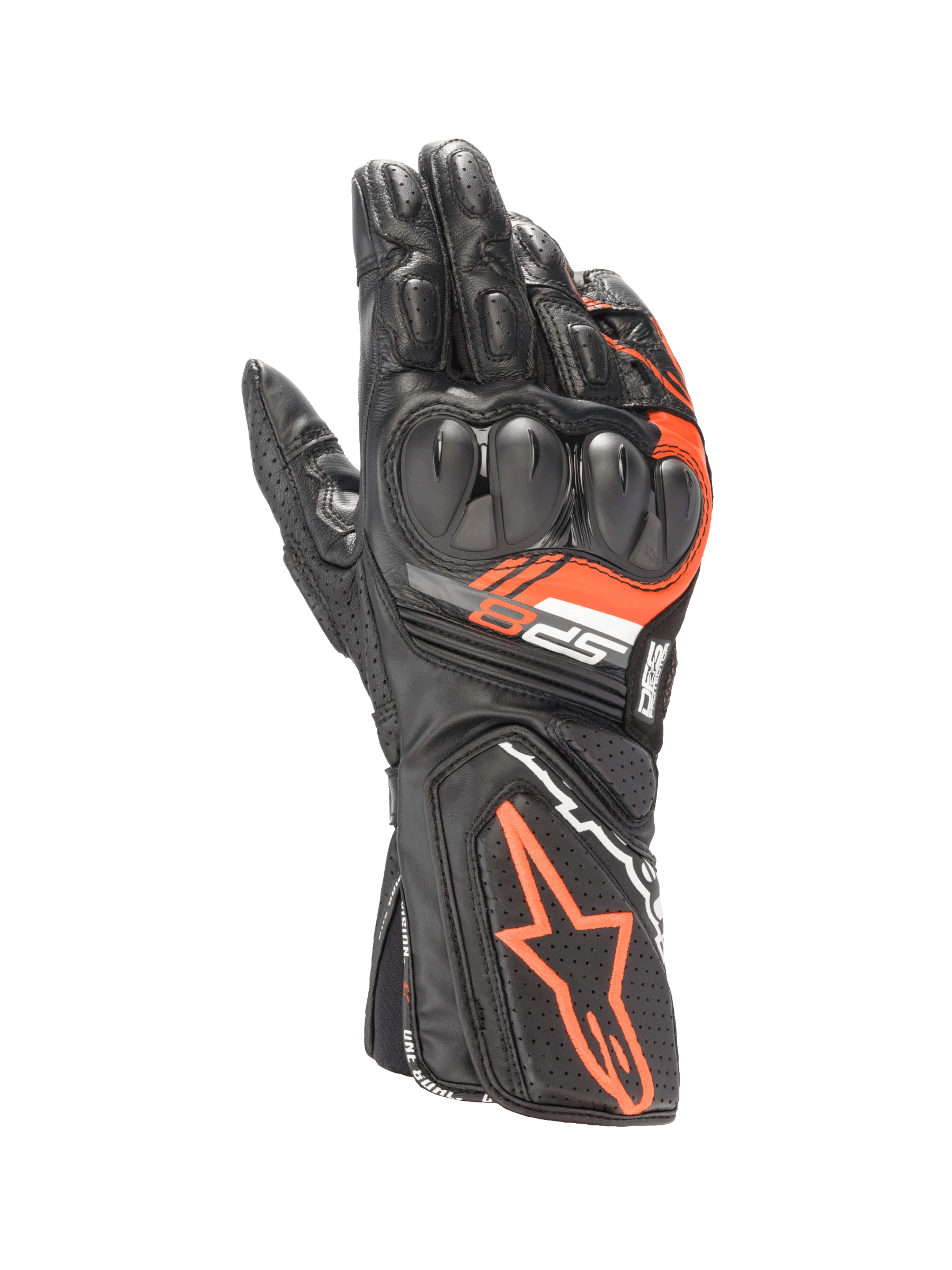Alpinestars SP-8 V3, skórzane rękawice motocyklowe wyścigowe, czarne i czerwone fluo, ochrona kostek o podwójnej gęstości