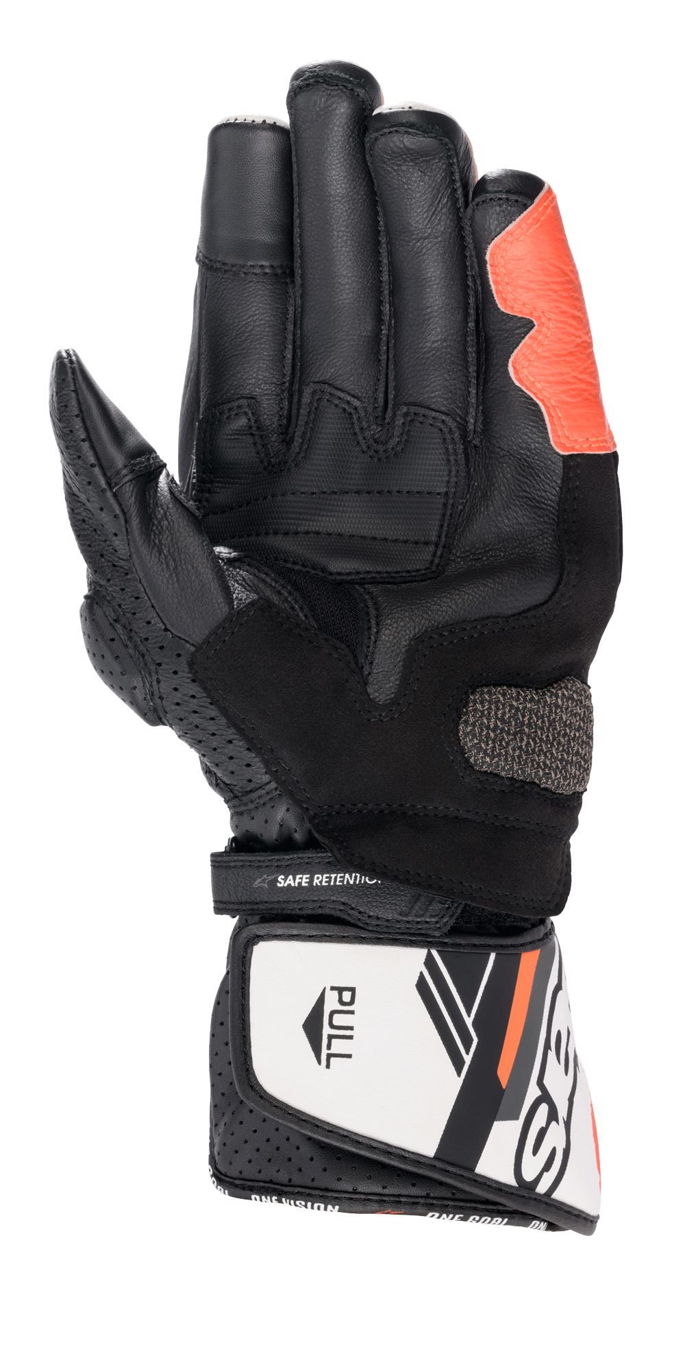 Alpinestars SP-8 V3 Gloves, Motorcycle Racing Gloves, Black White and Red Fluo, palm view showing textured grip inserts and reinforced palm, hook and loop cuff closure with 'SAFE RETENTION' strap and white 'PULL' tab, perforated leather detailing