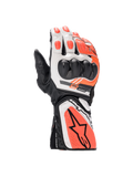Alpinestars SP-8 V3 motorcycle racing gloves in black, white, and red fluo leather with dual density knuckle protection.