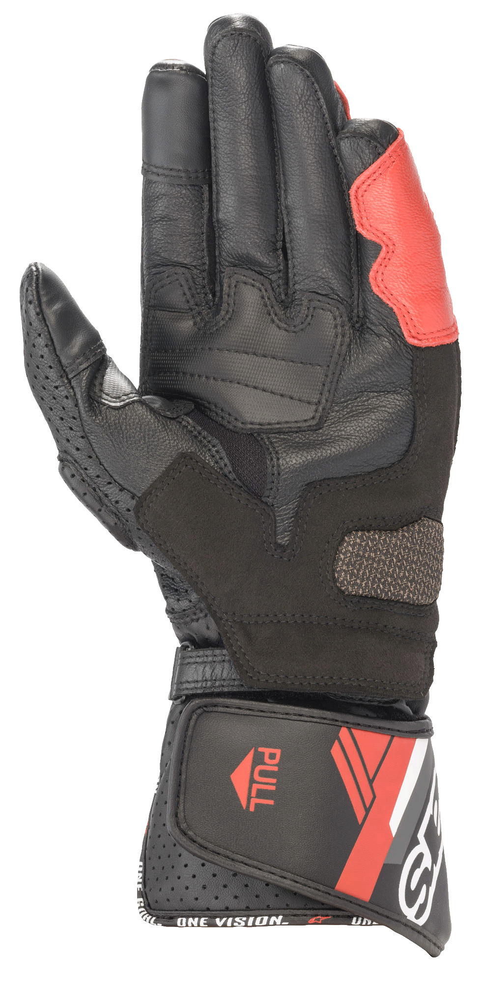Alpinestars SP-8 V3 Leather Gloves, czarne, białe i jaskrawoczerwone, widok od strony dłoni ukazujący wzmocnioną skórzaną konstrukcję, wyściełane wstawki chwytne oraz długi mankiet z zapięciem na rzep i brandingiem „ONE VISION”