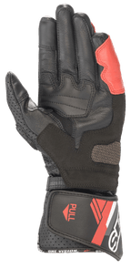 Alpinestars SP-8 V3 Leather Gloves, czarne, białe i jaskrawoczerwone, widok od strony dłoni ukazujący wzmocnioną skórzaną konstrukcję, wyściełane wstawki chwytne oraz długi mankiet z zapięciem na rzep i brandingiem „ONE VISION”