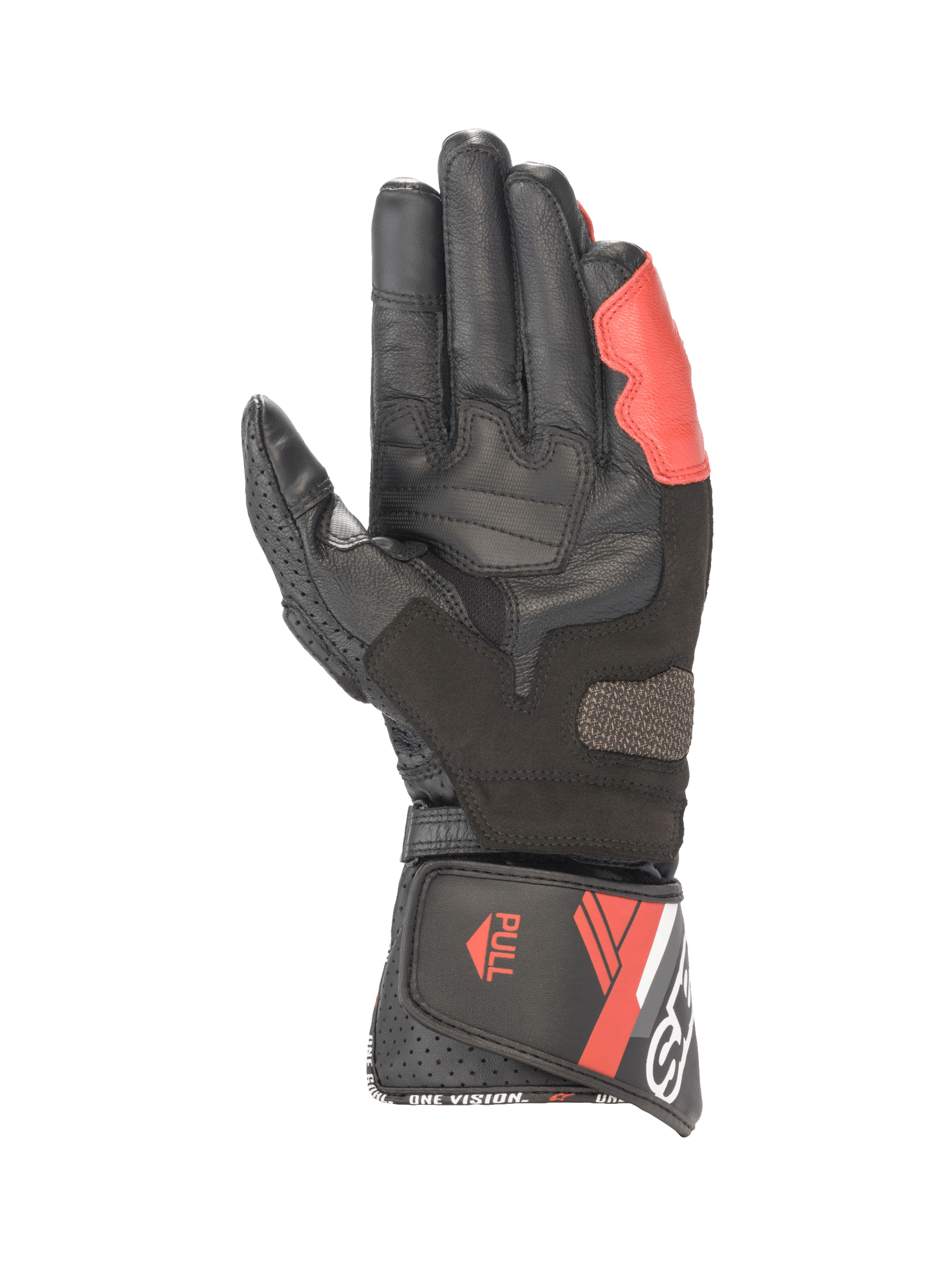 Alpinestars SP-8 V3, męskie rękawice motocyklowe wyścigowe, czarne i jasnoczerwone, widok dłoni z wzmocnieniami i długim mankietem, skóra premium.