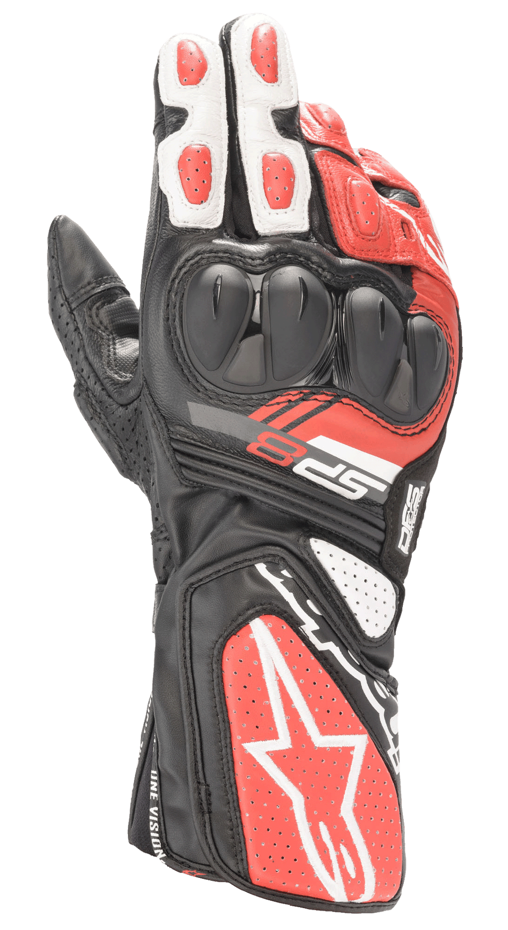 Rękawice Alpinestars SP-8 V3, wyścigowe rękawice motocyklowe, czarne, białe i jaskrawoczerwone, wyposażone w ochraniacze kostek o podwójnej gęstości, perforowane panele skórzane oraz długi mankiet z wyraźnym logo Alpinestars, zaprojektowane z myślą o wydajności na torze i bezpieczeństwie na drodze