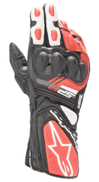Rękawice Alpinestars SP-8 V3, wyścigowe rękawice motocyklowe, czarne, białe i jaskrawoczerwone, wyposażone w ochraniacze kostek o podwójnej gęstości, perforowane panele skórzane oraz długi mankiet z wyraźnym logo Alpinestars, zaprojektowane z myślą o wydajności na torze i bezpieczeństwie na drodze