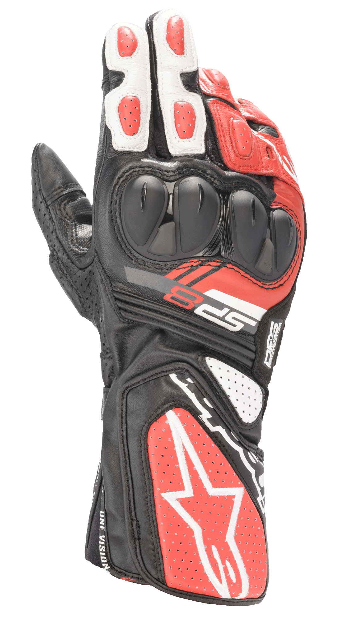 Rękawice Alpinestars SP-8 V3, wyścigowe rękawice motocyklowe, czarne, białe i jaskrawoczerwone, wyposażone w ochraniacze kostek o podwójnej gęstości, perforowane panele skórzane oraz długi mankiet z wyraźnym logo Alpinestars, zaprojektowane z myślą o wydajności na torze i bezpieczeństwie na drodze