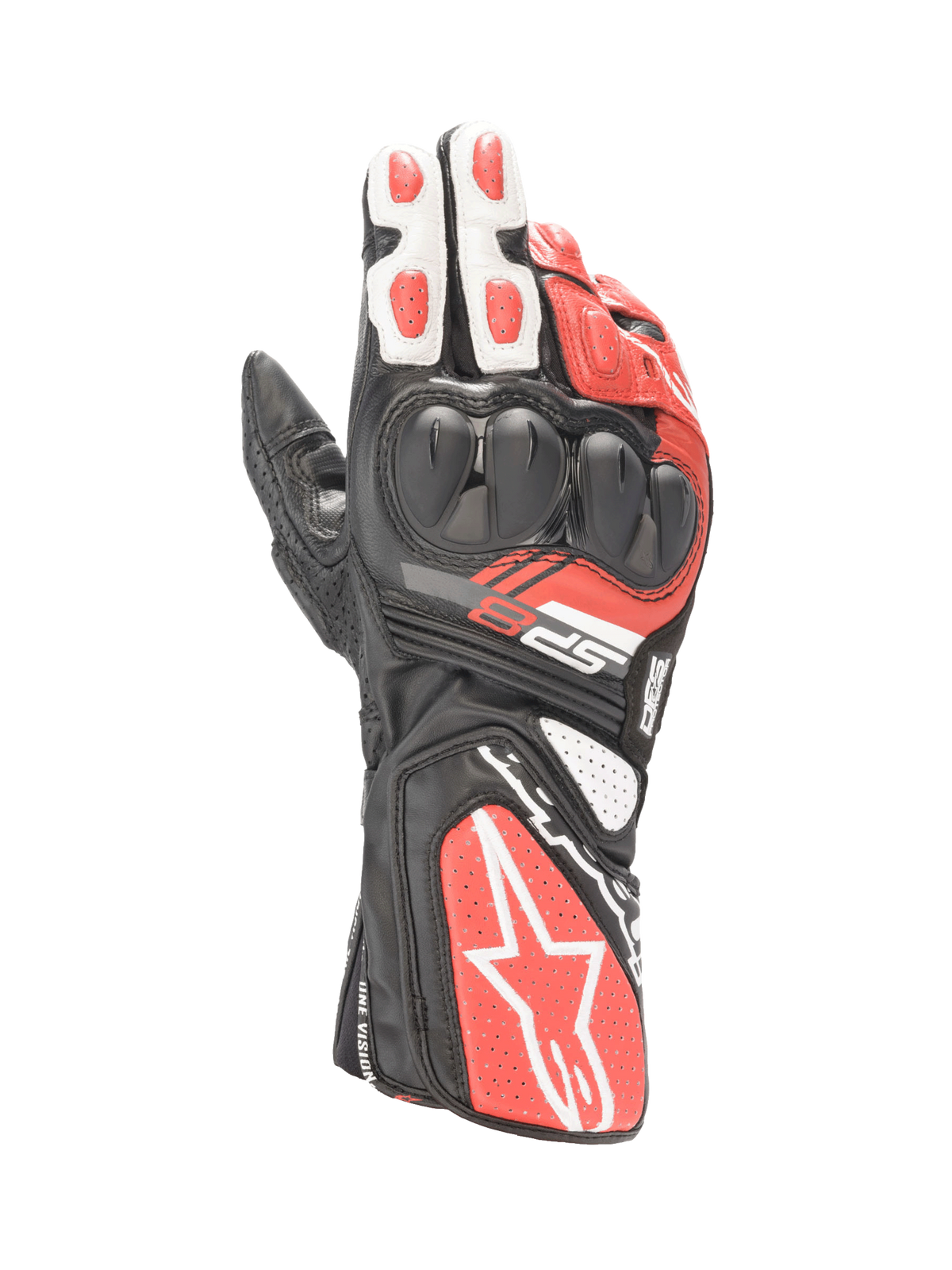 Alpinestars SP-8 V3, skórzane rękawice motocyklowe wyścigowe, czarne, białe i jasnoczerwone, ochraniacz kostek o podwójnej gęstości, wydłużony mankiet.