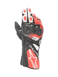 Alpinestars SP-8 V3, skórzane rękawice motocyklowe wyścigowe, czarne, białe i jasnoczerwone, ochraniacz kostek o podwójnej gęstości, wydłużony mankiet.