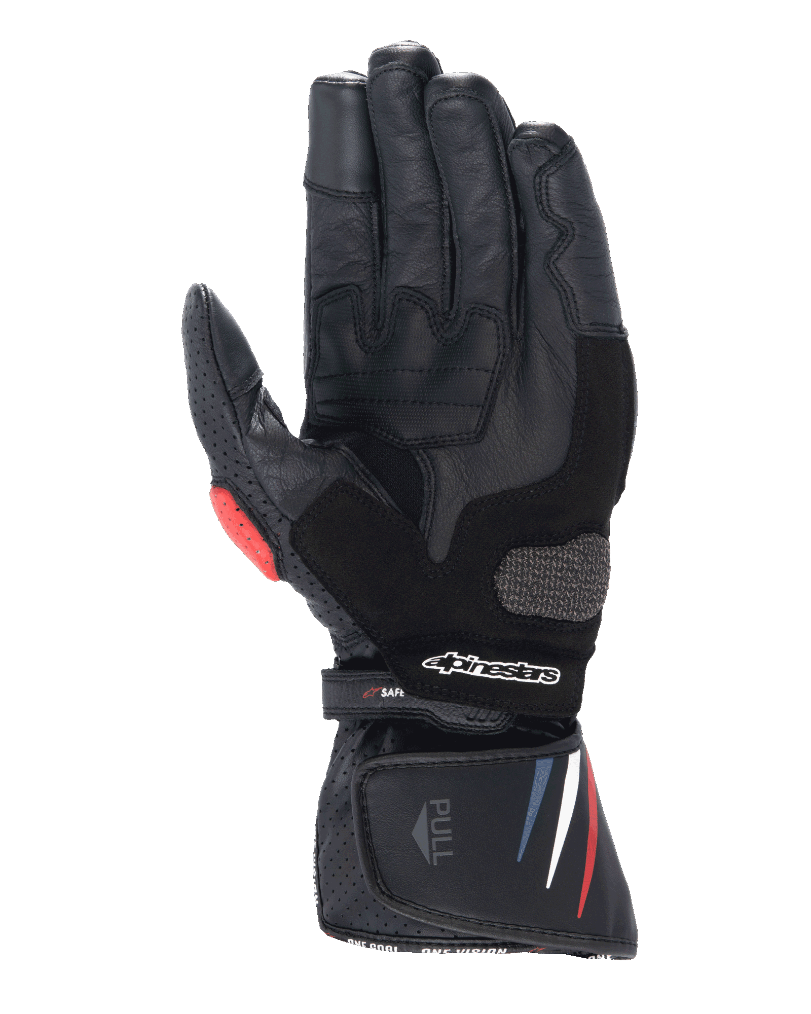 Rękawice motocyklowe Alpinestars Honda SP-8 V3, czarne z czerwonymi i niebieskimi akcentami, widok od strony dłoni, konstrukcja ze skóry pełnoziarnistej, wzmocniony slider dłoni, perforowane detale, przedłużony mankiet z logo Alpinestars