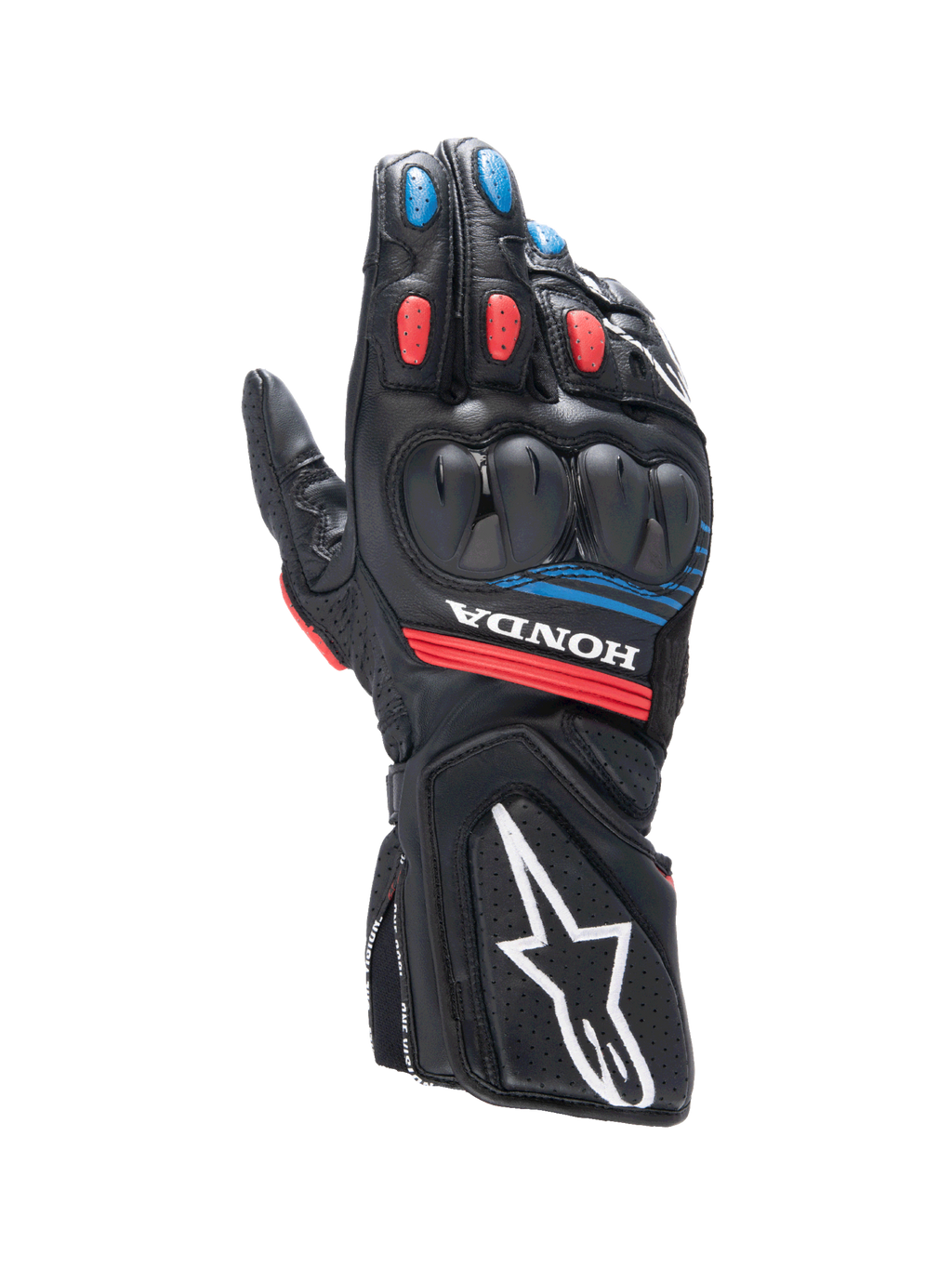 Alpinestars Honda SP-8 V3, sportowe rękawice motocyklowe, męskie, czarne i czerwone z niebieskimi akcentami, skórzane, z ochroną kostek SP i logo Honda.