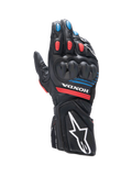 Alpinestars Honda SP-8 V3, sportowe rękawice motocyklowe, męskie, czarne i czerwone z niebieskimi akcentami, skórzane, z ochroną kostek SP i logo Honda.