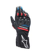 Alpinestars Honda SP-8 V3, sportowe rękawice motocyklowe, męskie, czarne i czerwone z niebieskimi akcentami, skórzane, z ochroną kostek SP i logo Honda.