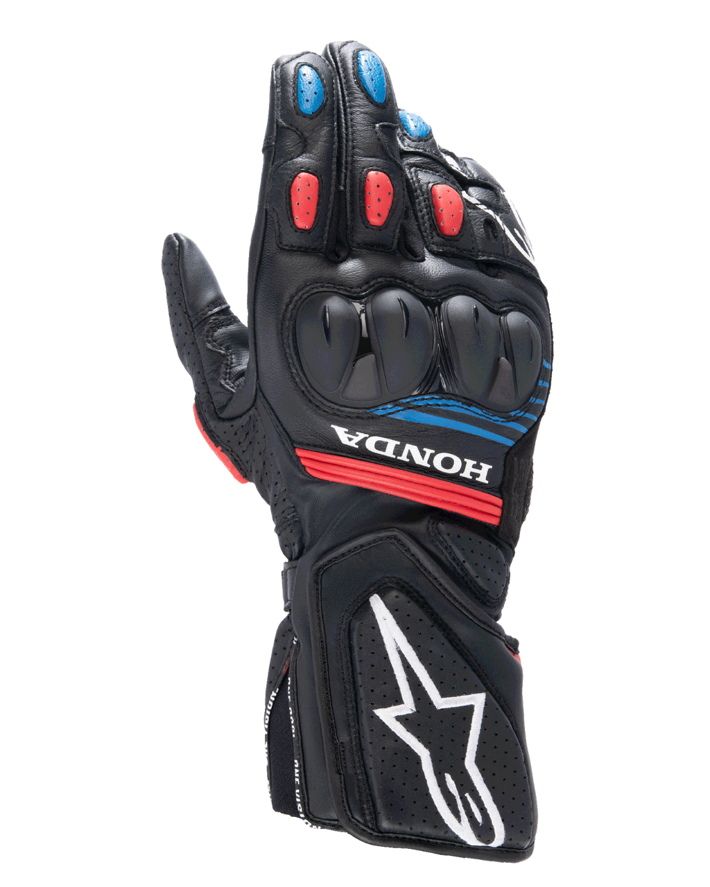 Rękawice Alpinestars Honda SP-8 V3, motocyklowe rękawice wyścigowe, czarne z czerwonymi i niebieskimi akcentami, twarda ochrona kostek o podwójnej gęstości, perforowana skóra, logo Honda na nadgarstku, duże białe logo Alpinestars na mankiecie