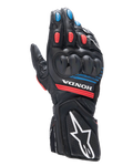 Rękawice Alpinestars Honda SP-8 V3, motocyklowe rękawice wyścigowe, czarne z czerwonymi i niebieskimi akcentami, twarda ochrona kostek o podwójnej gęstości, perforowana skóra, logo Honda na nadgarstku, duże białe logo Alpinestars na mankiecie