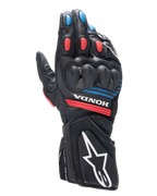 Rękawice Alpinestars Honda SP-8 V3, motocyklowe rękawice wyścigowe, czarne z czerwonymi i niebieskimi akcentami, twarda ochrona kostek o podwójnej gęstości, perforowana skóra, logo Honda na nadgarstku, duże białe logo Alpinestars na mankiecie