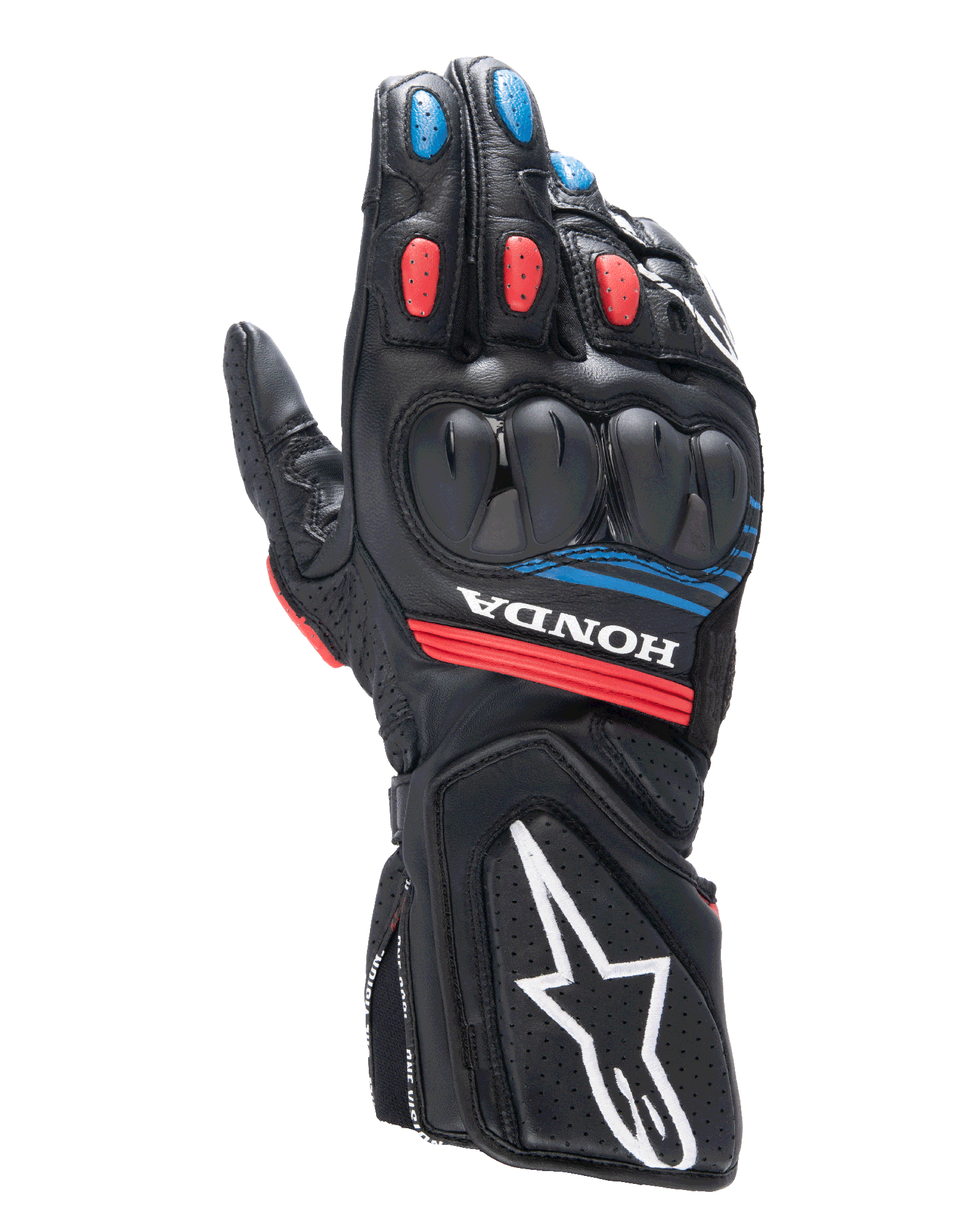 Rękawice Alpinestars Honda SP-8 V3, motocyklowe rękawice wyścigowe, czarne z czerwonymi i niebieskimi akcentami, twarda ochrona kostek o podwójnej gęstości, perforowana skóra, logo Honda na nadgarstku, duże białe logo Alpinestars na mankiecie