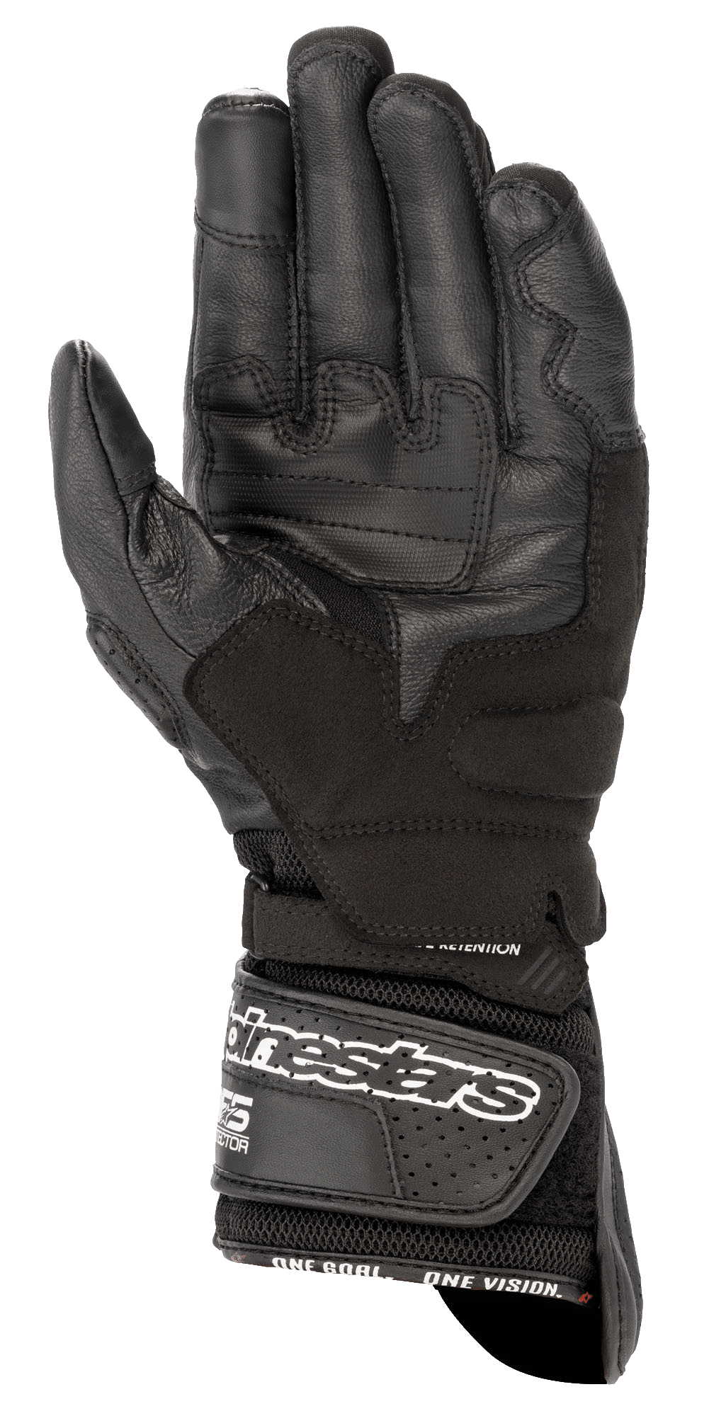 Rękawice Alpinestars SP-8 V3 Air, rękawice motocyklowe, czarne, widok od strony dłoni ukazujący wzmocnioną skórzaną konstrukcję, wstawki poprawiające chwyt oraz szeroki pasek na nadgarstku z białym logo zapewniający bezpieczne dopasowanie