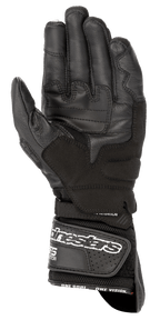 Rękawice Alpinestars SP-8 V3 Air, rękawice motocyklowe, czarne, widok od strony dłoni ukazujący wzmocnioną skórzaną konstrukcję, wstawki poprawiające chwyt oraz szeroki pasek na nadgarstku z białym logo zapewniający bezpieczne dopasowanie