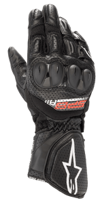 Alpinestars SP-8 V3 Air Gloves, wyścigowe rękawice motocyklowe, czarne z czerwonymi i białymi akcentami, twarde ochraniacze kostek, perforowana skóra i panele z siatki 3D dla wentylacji