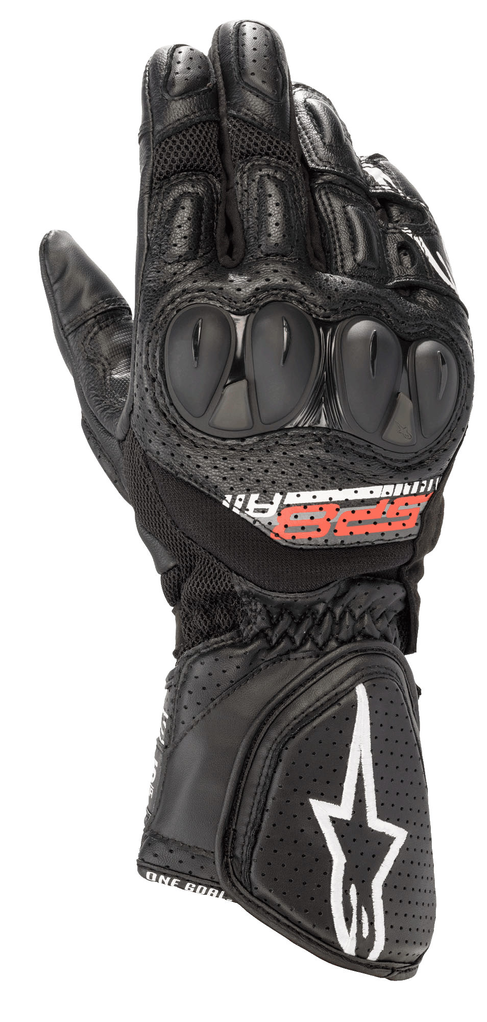 Alpinestars SP-8 V3 Air Gloves, wyścigowe rękawice motocyklowe, czarne z czerwonymi i białymi akcentami, twarde ochraniacze kostek, perforowana skóra i panele z siatki 3D dla wentylacji