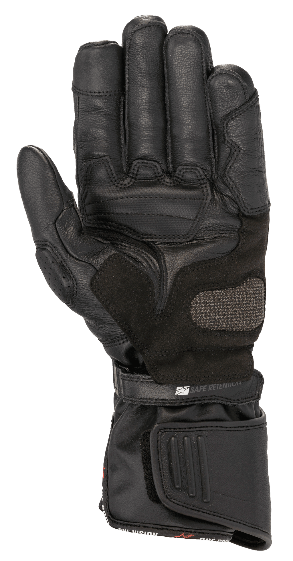 Rękawice Alpinestars SP-8 HDry®, rękawice motocyklowe, czarne, widok od strony dłoni prezentujący wzmocnioną skórzaną konstrukcję, strefę lądowania ARShield oraz podwójny system zamykania z paskiem „Safe Retention”, wodoodporna ochrona do sportowej jazdy