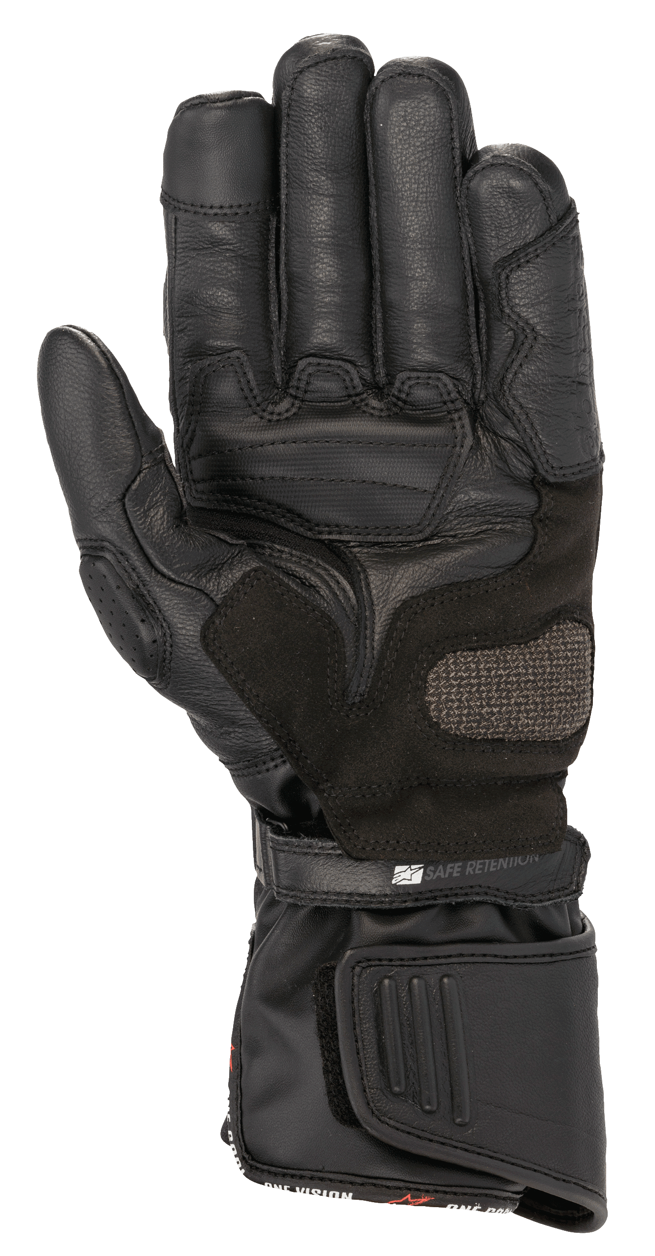 Rękawice Alpinestars SP-8 HDry®, rękawice motocyklowe, czarne, widok od strony dłoni prezentujący wzmocnioną skórzaną konstrukcję, strefę lądowania ARShield oraz podwójny system zamykania z paskiem „Safe Retention”, wodoodporna ochrona do sportowej jazdy