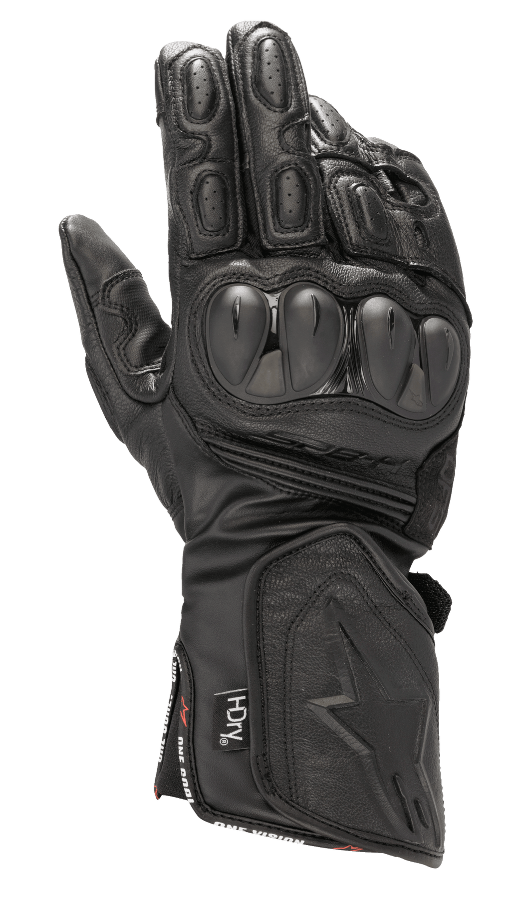 Alpinestars SP-8 HDry Gloves, wodoodporne wyścigowe rękawice motocyklowe, czarne, twarde ochraniacze kostek o podwójnej gęstości, teksturowana skóra z perforacjami, wyściełane palce, długi mankiet z wytłoczonym logo gwiazdy oraz branding technologii HDry