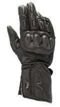 Alpinestars SP-8 HDry Gloves, wodoodporne wyścigowe rękawice motocyklowe, czarne, twarde ochraniacze kostek o podwójnej gęstości, teksturowana skóra z perforacjami, wyściełane palce, długi mankiet z wytłoczonym logo gwiazdy oraz branding technologii HDry