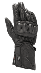 Alpinestars SP-8 HDry Gloves, wodoodporne wyścigowe rękawice motocyklowe, czarne, twarde ochraniacze kostek o podwójnej gęstości, teksturowana skóra z perforacjami, wyściełane palce, długi mankiet z wytłoczonym logo gwiazdy oraz branding technologii HDry