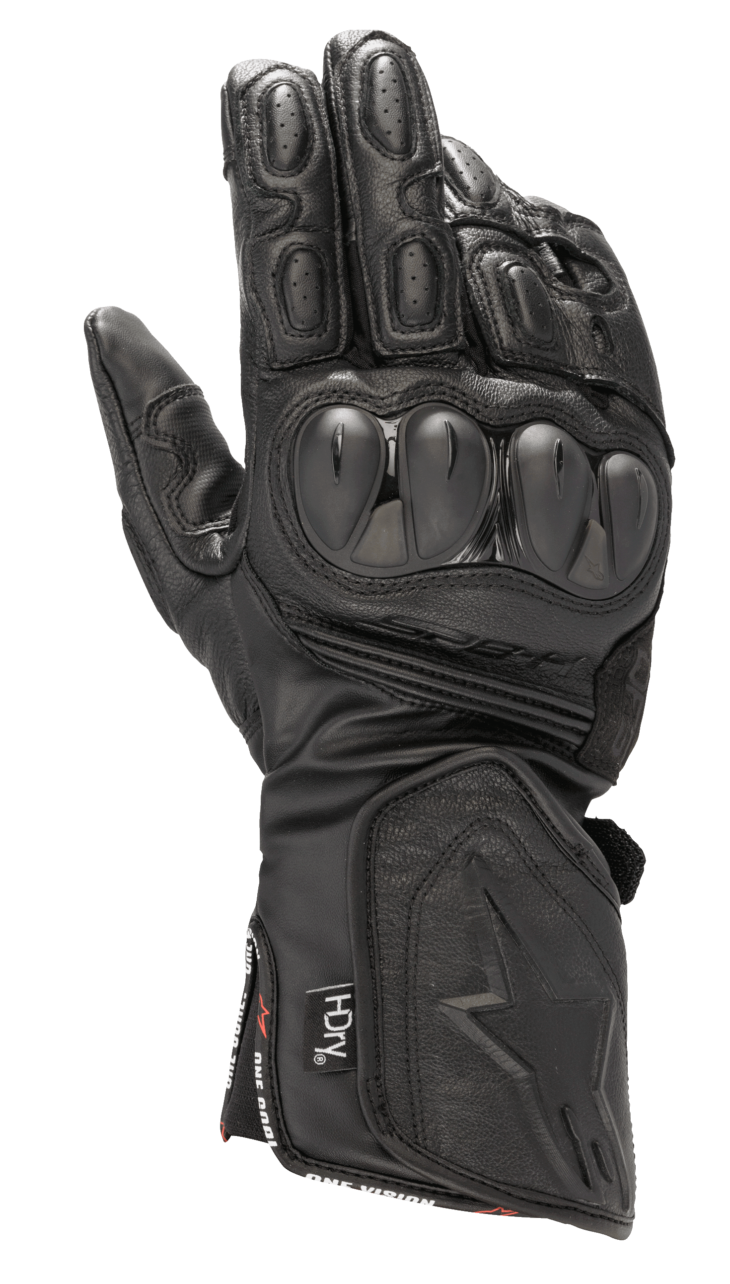 Alpinestars SP-8 HDry Gloves, wodoodporne wyścigowe rękawice motocyklowe, czarne, twarde ochraniacze kostek o podwójnej gęstości, teksturowana skóra z perforacjami, wyściełane palce, długi mankiet z wytłoczonym logo gwiazdy oraz branding technologii HDry