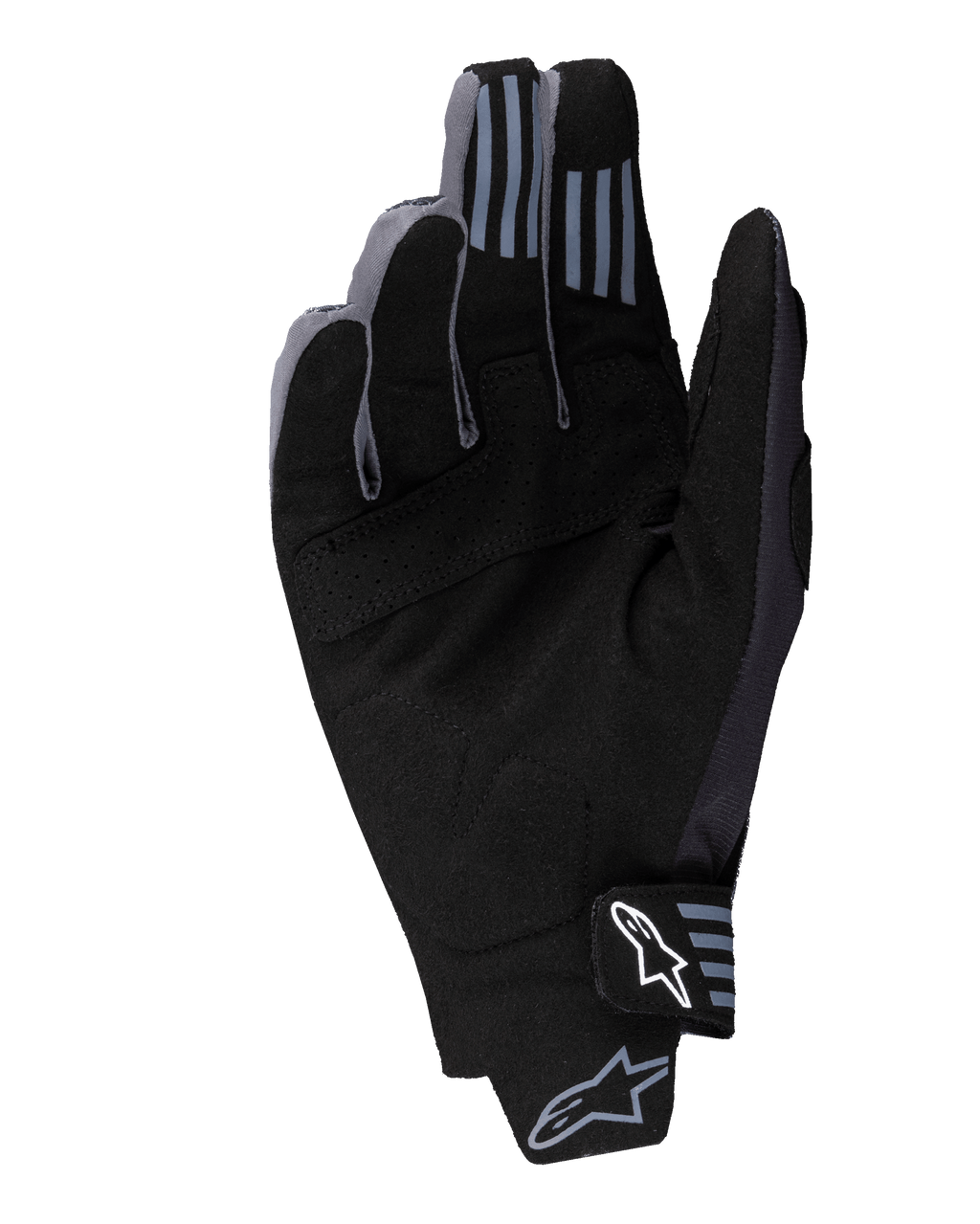 Alpinestars Techstar Gloves 2025, rękawice motocrossowe, czarne, widok dłoni z syntetycznego zamszu z perforowanymi detalami, silikonowe elementy na opuszkach palców, białe logo Alpinestars na zapięciu nadgarstka
