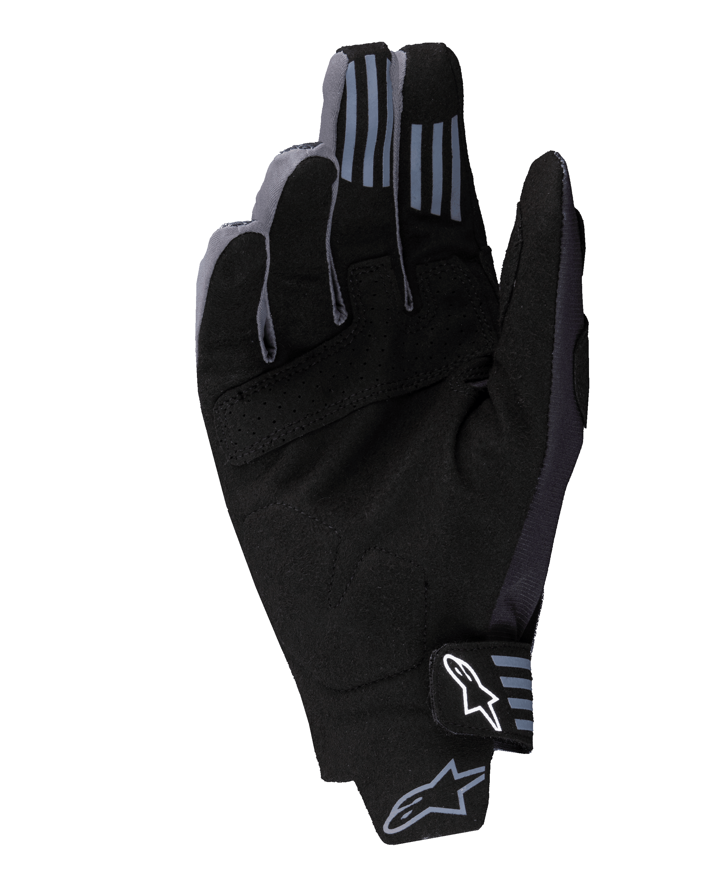Alpinestars Techstar Gloves 2025, rękawice motocrossowe, czarne, widok dłoni z syntetycznego zamszu z perforowanymi detalami, silikonowe elementy na opuszkach palców, białe logo Alpinestars na zapięciu nadgarstka