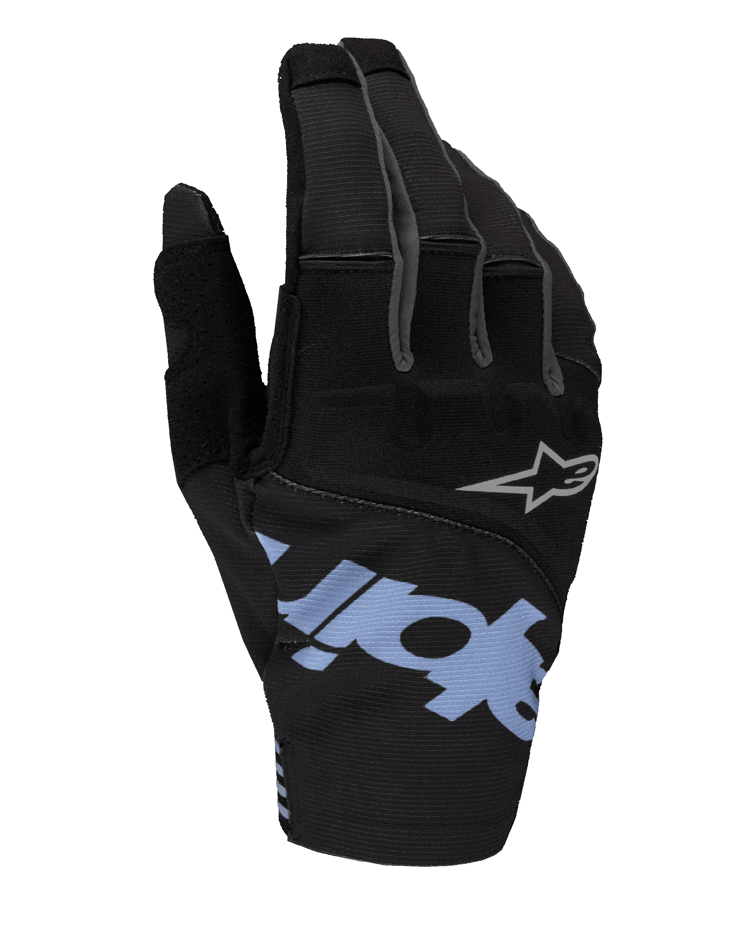 Alpinestars Techstar Gloves 2025, rękawice motocrossowe, czarne z jasnoniebieskimi i szarymi akcentami, duże jasnoniebieskie logo i małe szare logo gwiazdy, elastyczny ripstop i neoprenowy wierzch dłoni do wyścigów off-road