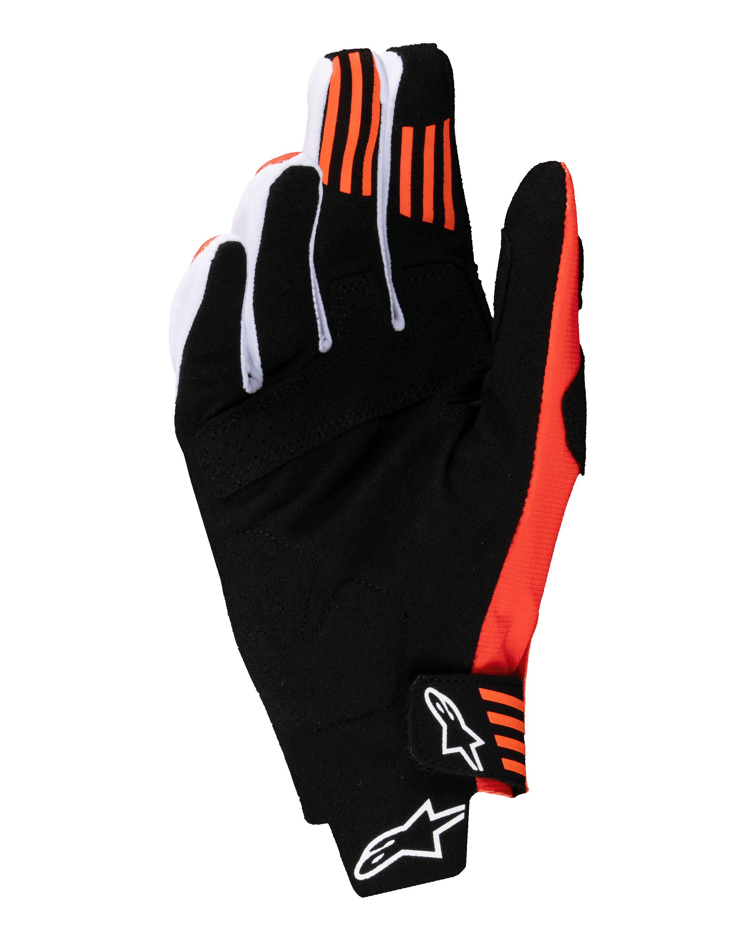 Alpinestars 2025 Techstar Gloves, rękawice motocrossowe, czarno-pomarańczowe, widok od strony dłoni z syntetycznym zamszem, pomarańczowy silikonowy nadruk na palcu wskazującym i środkowym, formowane zapięcie z białym logo Alpinestars.