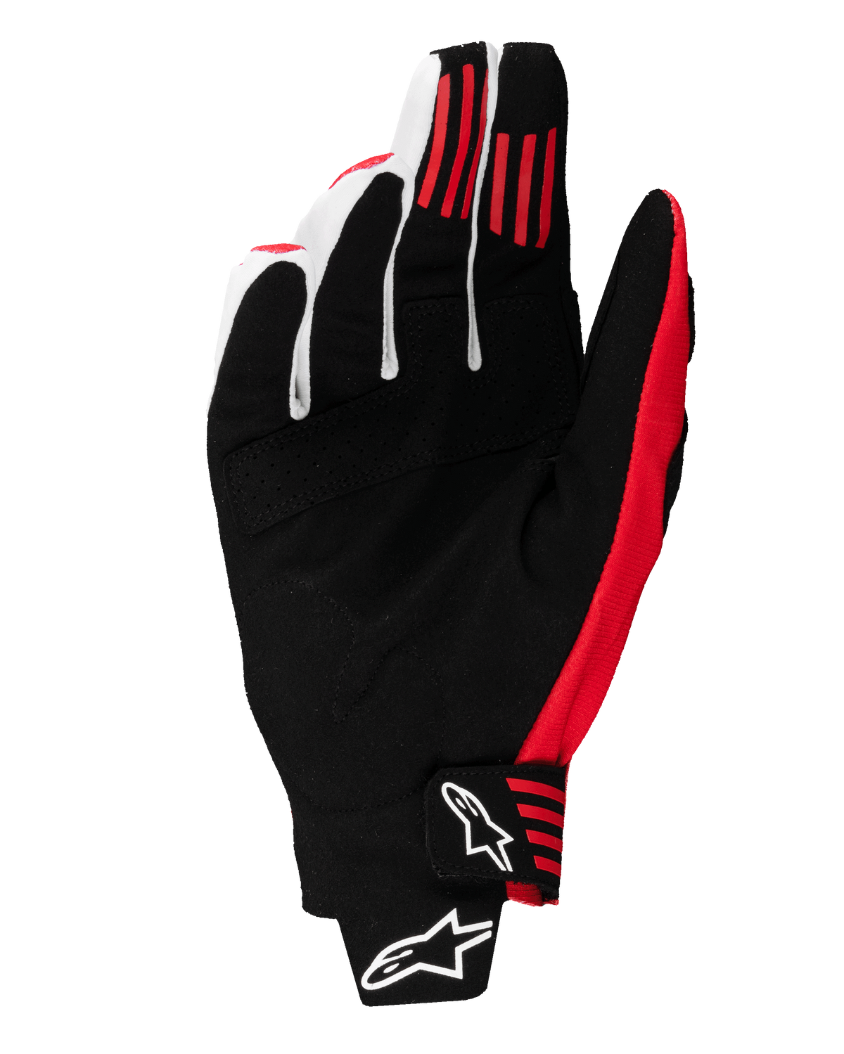 Rękawice Alpinestars Techstar 2025, rękawice motocrossowe, czarne i jaskrawoczerwone, widok od strony dłoni prezentujący konstrukcję z syntetycznego zamszu, czerwone silikonowe paski na palcach, formowane zapięcie na nadgarstku z białym logo Alpinestars