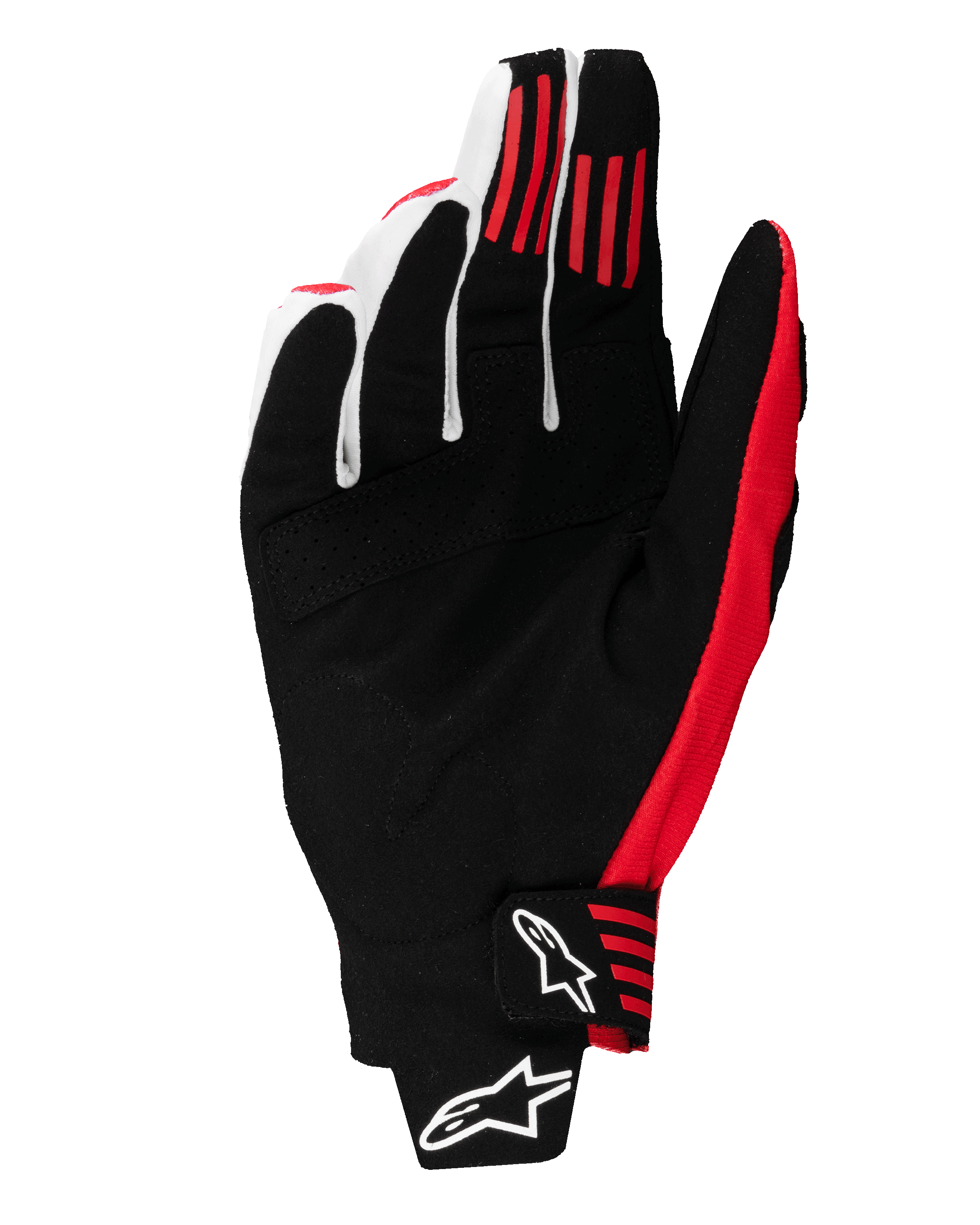 Rękawice Alpinestars Techstar 2025, rękawice motocrossowe, czarne i jaskrawoczerwone, widok od strony dłoni prezentujący konstrukcję z syntetycznego zamszu, czerwone silikonowe paski na palcach, formowane zapięcie na nadgarstku z białym logo Alpinestars