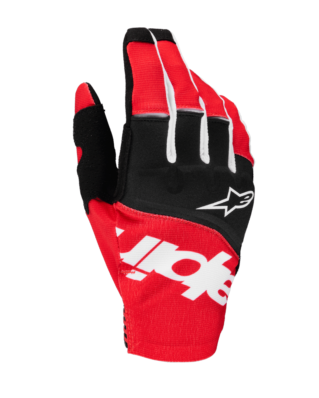 Rękawice Alpinestars Techstar 2025, rękawice motocrossowe, czarne i jaskrawoczerwone z białymi akcentami, duże sublimowane logo Alpinestars na grzbiecie dłoni i logo gwiazdy na kostkach, wytrzymała elastyczna tkanina do wyścigów off-road