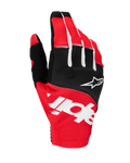 Rękawice Alpinestars Techstar 2025, rękawice motocrossowe, czarne i jaskrawoczerwone z białymi akcentami, duże sublimowane logo Alpinestars na grzbiecie dłoni i logo gwiazdy na kostkach, wytrzymała elastyczna tkanina do wyścigów off-road