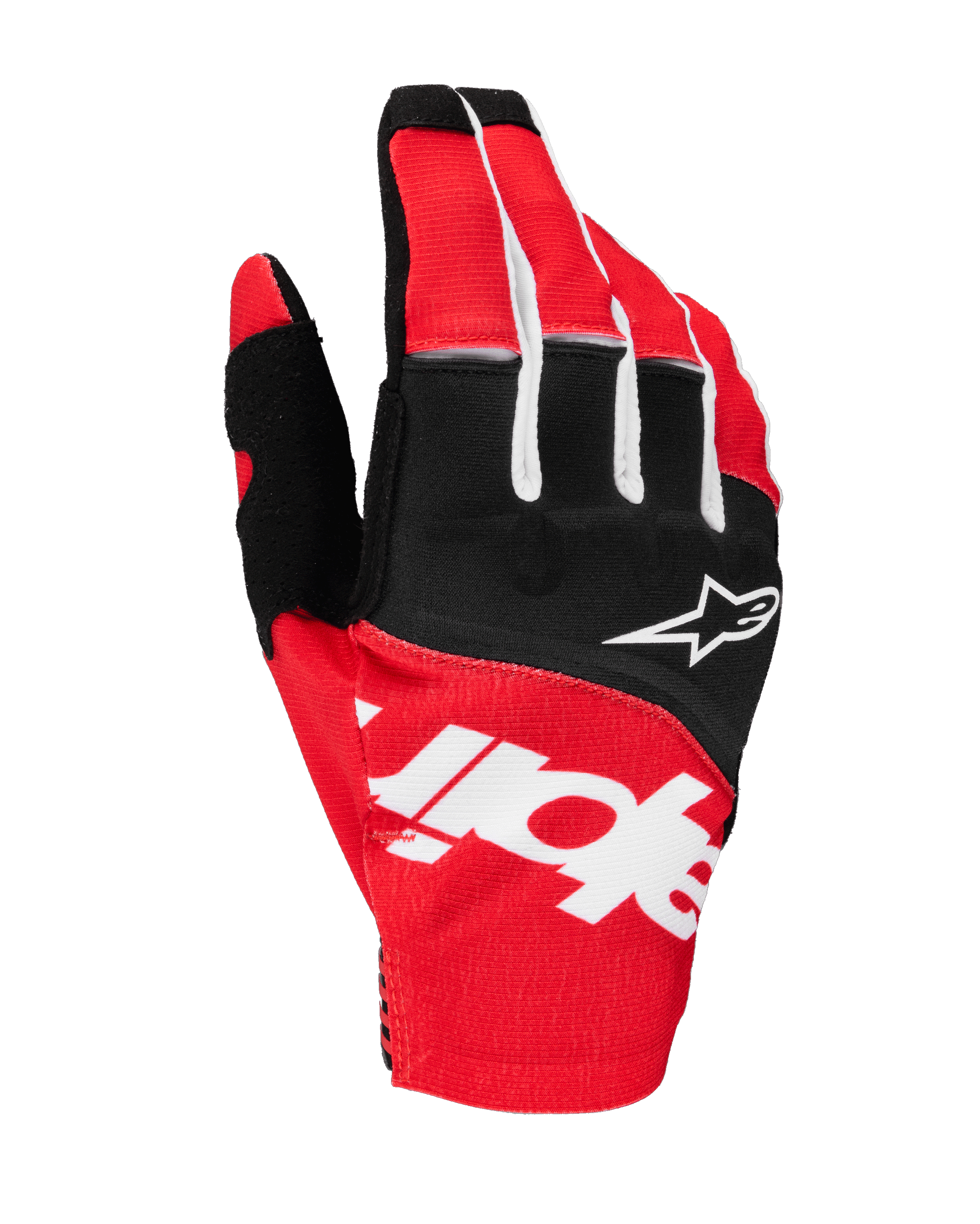 Rękawice Alpinestars Techstar 2025, rękawice motocrossowe, czarne i jaskrawoczerwone z białymi akcentami, duże sublimowane logo Alpinestars na grzbiecie dłoni i logo gwiazdy na kostkach, wytrzymała elastyczna tkanina do wyścigów off-road