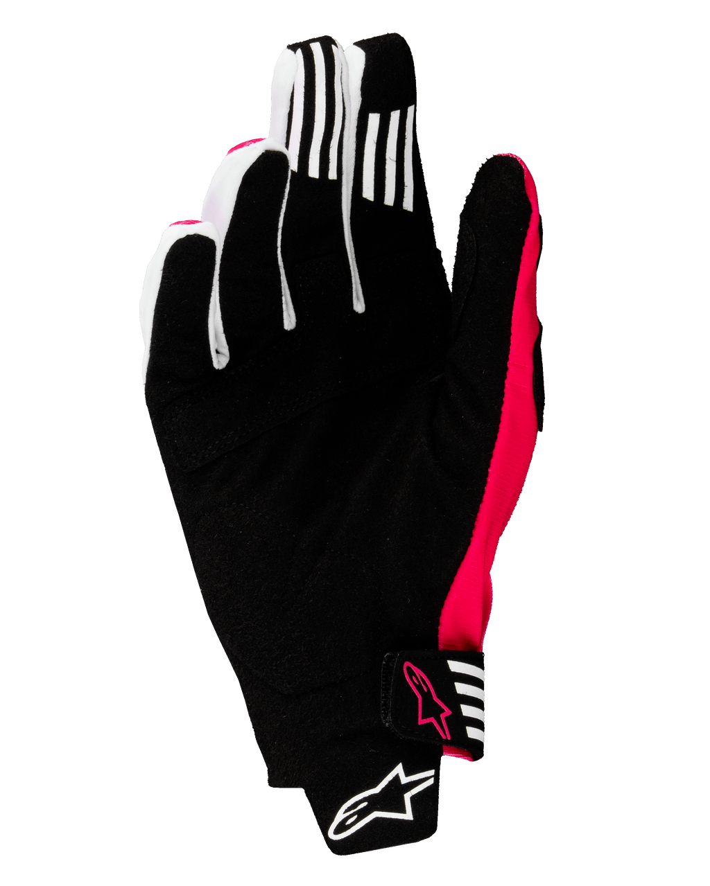 Rękawice Alpinestars Techstar 2025, rękawice motocrossowe, czarno-różowe fluo, widok dłoni z wzmocnionym syntetycznym zamszem, białe paski na palcach, neonowe różowe akcenty i logo, bezszwowe zapięcie z logo Alpinestars