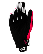 Rękawice Alpinestars Techstar 2025, rękawice motocrossowe, czarno-różowe fluo, widok dłoni z wzmocnionym syntetycznym zamszem, białe paski na palcach, neonowe różowe akcenty i logo, bezszwowe zapięcie z logo Alpinestars
