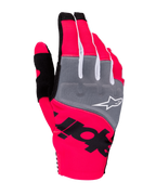 Rękawice Alpinestars Techstar 2025, rękawice motocrossowe, różowy fluo, szary i czarny, szare panele na kostkach z białym logo, wyraźny czarny branding na neonowo-różowym elastycznym materiale, lekka konstrukcja z białymi akcentami do jazdy off-road