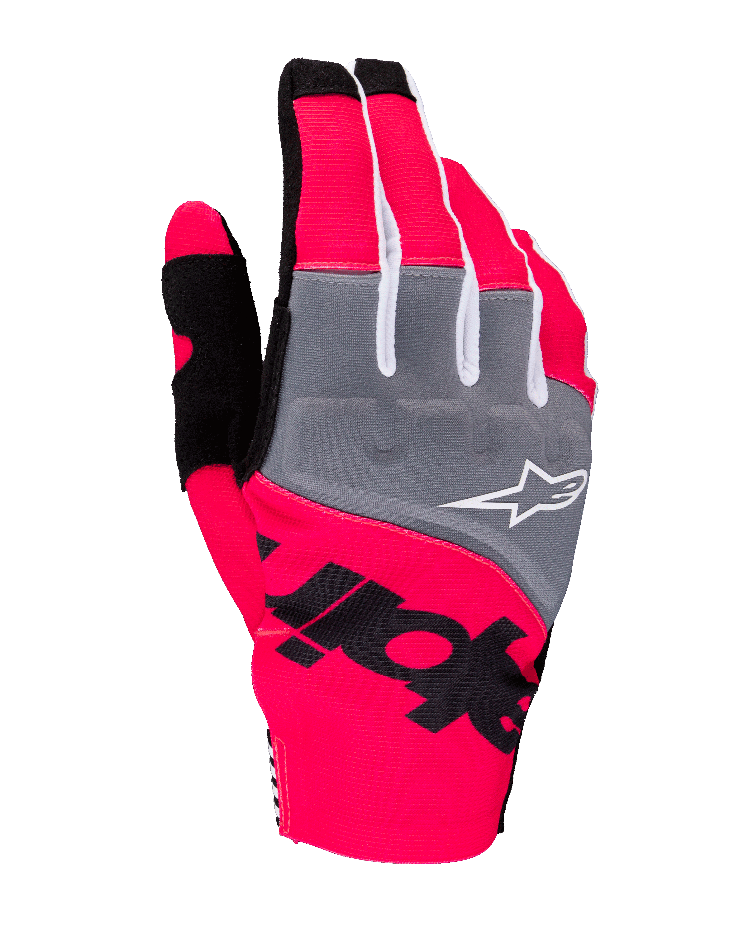 Rękawice Alpinestars Techstar 2025, rękawice motocrossowe, różowy fluo, szary i czarny, szare panele na kostkach z białym logo, wyraźny czarny branding na neonowo-różowym elastycznym materiale, lekka konstrukcja z białymi akcentami do jazdy off-road