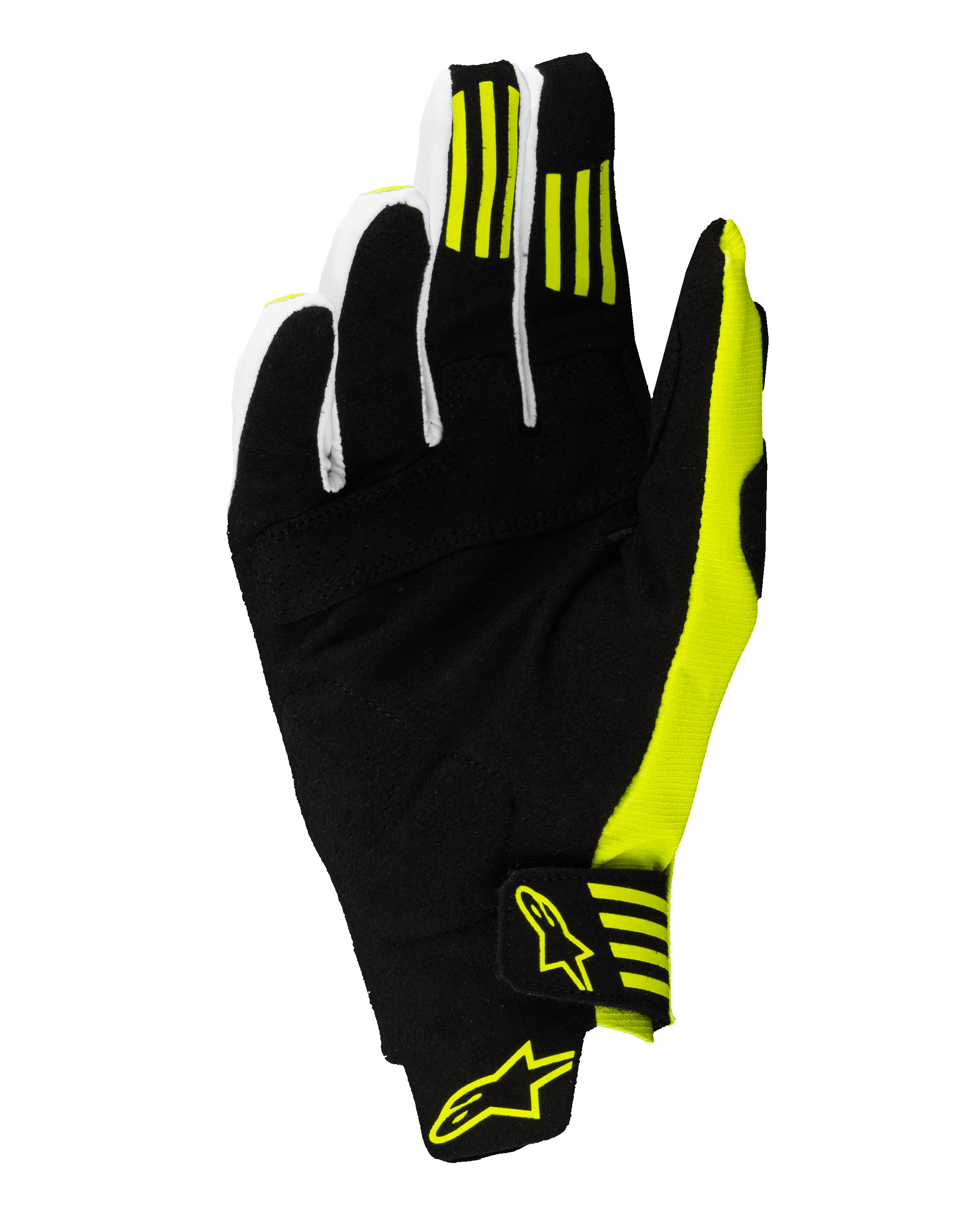 Alpinestars Techstar Gloves 2025, rękawice motocrossowe, czarno-żółte fluo, widok od strony dłoni z wzmocnionym syntetycznym zamszem, silikonowe paski na pierwszym i drugim palcu oraz bezpieczne zapięcie na nadgarstku z żółtym logo