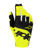 Alpinestars 2025 Techstar Gloves, rękawice motocrossowe, czarne i żółte fluo, z żółtym logo gwiazdy i wyraźnym czarnym brandingiem, konstrukcja tekstylna z materiałem micro ripstop do jazdy off-road