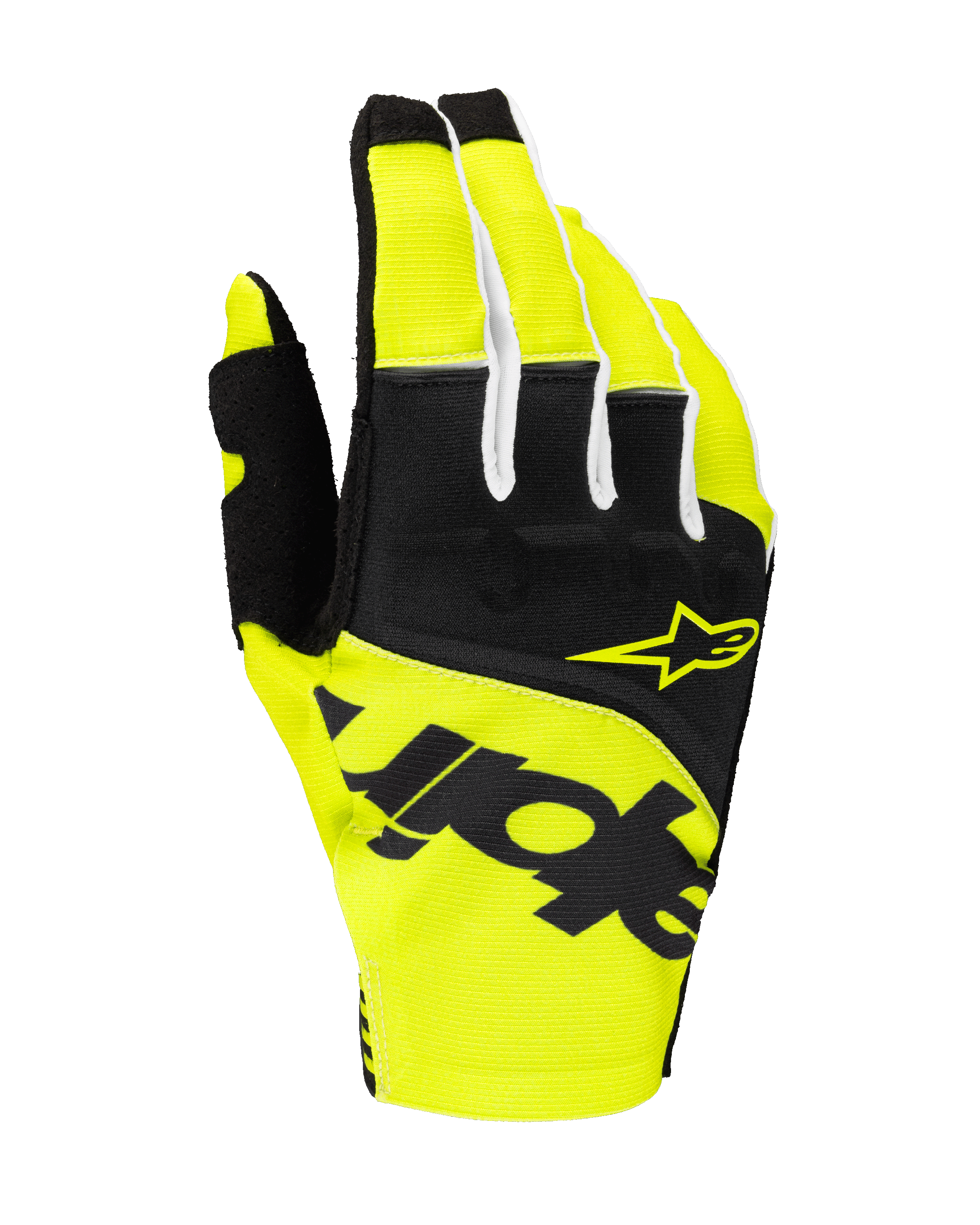 Alpinestars 2025 Techstar Gloves, rękawice motocrossowe, czarne i żółte fluo, z żółtym logo gwiazdy i wyraźnym czarnym brandingiem, konstrukcja tekstylna z materiałem micro ripstop do jazdy off-road